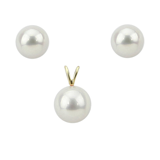 14K Yellow Gold 5.5–6mm White Round Freshwater Cultured Pearl Stud Earrings and Pendant Set