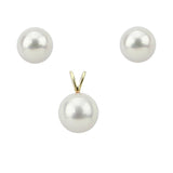 14K Yellow Gold 9.0-10.0mm White Round Freshwater Cultured Pearl Stud Earrings, Pendant Sets, AAA Quality