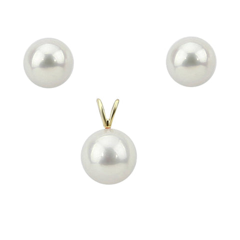 14K Yellow Gold 7.5-8.0mm White Round Freshwater Cultured Pearl Stud Earrings, Pendant Sets -AAA Quality