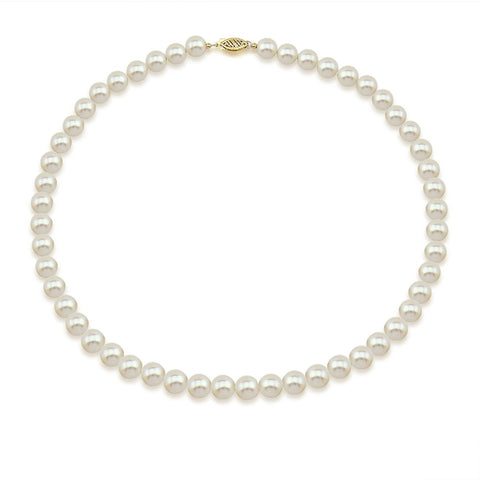 14K Yellow Gold 7.5-8.0mm High Luster White Freshwater Cultured Pearl Necklace, 20 Inch
