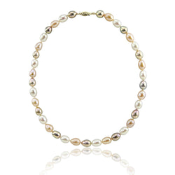 14K Yellow Gold 8.0-9.0 mm Ultra Luster Multi Color Oval Freshwater Cultured Pearl necklace 20"