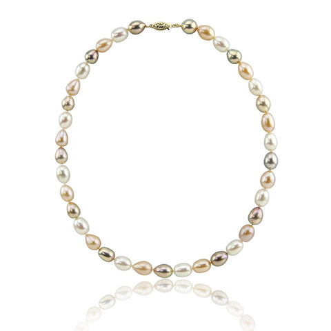 14K Yellow Gold 8.0-9.0 mm Ultra Luster Multi Color Oval Freshwater Cultured Pearl necklace 18"