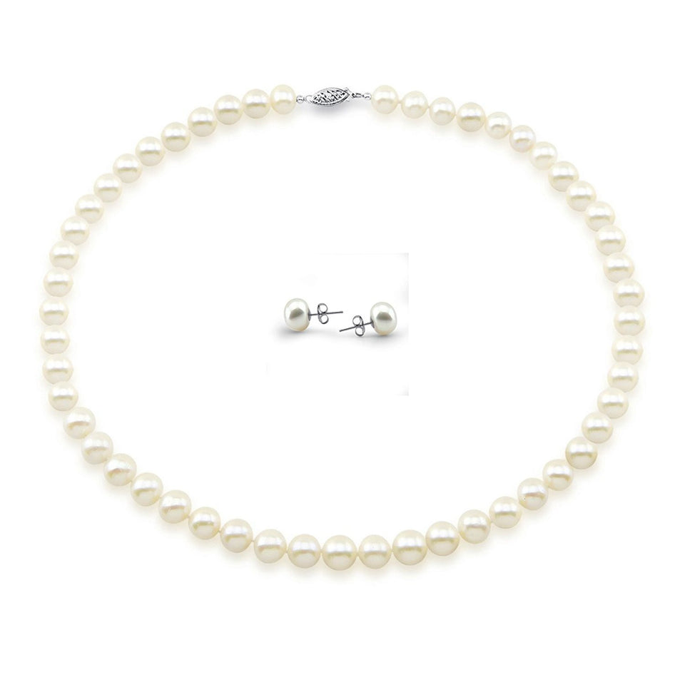 14K White Gold 8–9mm White Freshwater Cultured Pearl Necklace, 18", and Earring Set