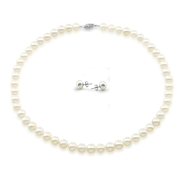 14K White Gold 8–9mm White Freshwater Cultured Pearl Necklace, 18", and Earring Set