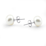 14k White Gold 9.0-10.0mm White Button Shape Freshwater Cultured Pearl High Luster Stud Earring.