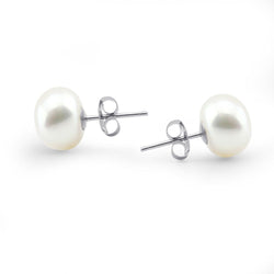 14k White Gold 10.0-11.0mm White Button Shape Freshwater Cultured Pearl High Luster Stud Earring.