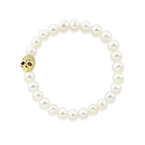 7.0-8.0mm High Luster White Freshwater Cultured Pearl Bracelet 8.0" with Skull bead 03