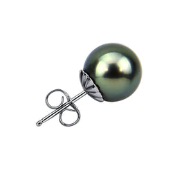 Single earring -14K White Gold 8.0-9.0mm Tahitian Cultured Pearl Single Stud Earring - AAA Quality