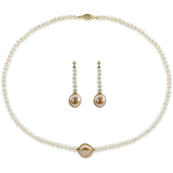 14k Yellow Gold 12-13mm Pink, 4-5mm White Baroque Freshwater Cultured Pearl Necklace 18" and earring sets