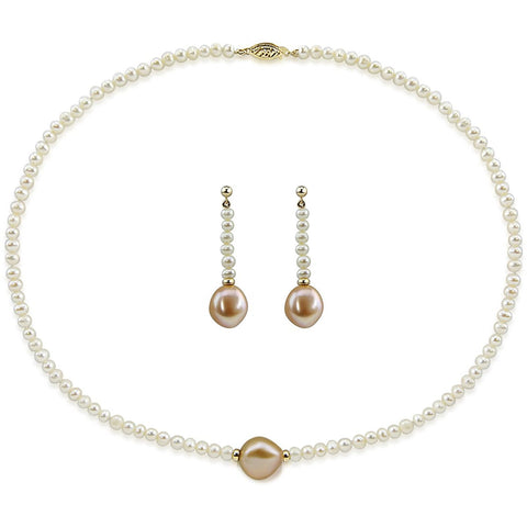 14k Yellow Gold 12-13mm Pink, 4-5mm White Baroque Freshwater Cultured Pearl Necklace 20" and earring sets