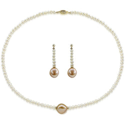 14k Yellow Gold 12-13mm Pink, 4-5mm White Baroque Freshwater Cultured Pearl Necklace 16" and earring sets