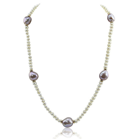 14k Yellow Gold 11-13 mm and 4-5 mm Baroque Lavender and White Freshwater Cultured Pearl Necklace, 18"