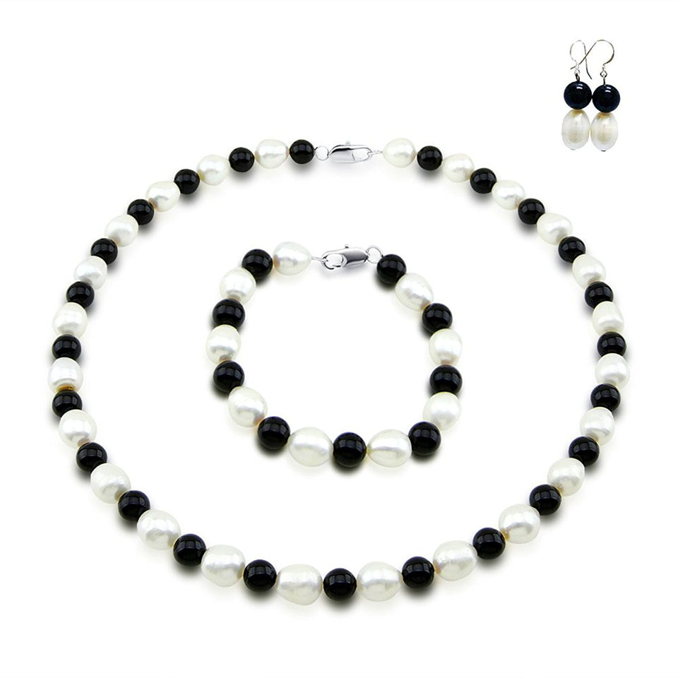 9–10mm White Freshwater Cultured Pearl and Black Onyx Necklace, 18", Bracelet, 7.5", and Earring Set