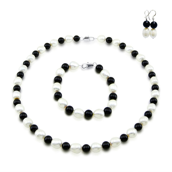 9–10mm White Freshwater Cultured Pearl and Black Onyx Necklace, 18", Bracelet, 7.5", and Earring Set
