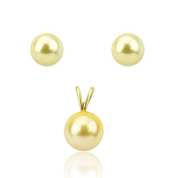 14K Yellow Gold 9-10mm Light Golden South Sea Cultured Pearl Stud Earrings, Pendant Sets -AAAA Quality