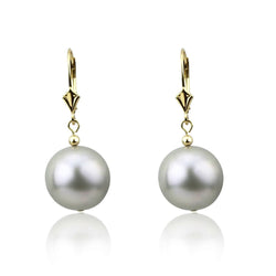 14k Yellow Gold 11.0-12.0mm Round Grey High Luster Freshwater Cultured Pearl Lever-back Earrings-01