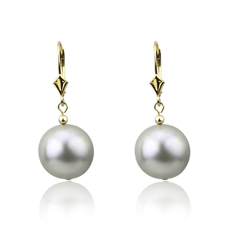 14k Yellow Gold 13.0-14.0mm Round Grey High Luster Freshwater Cultured Pearl Lever-back Earrings-01