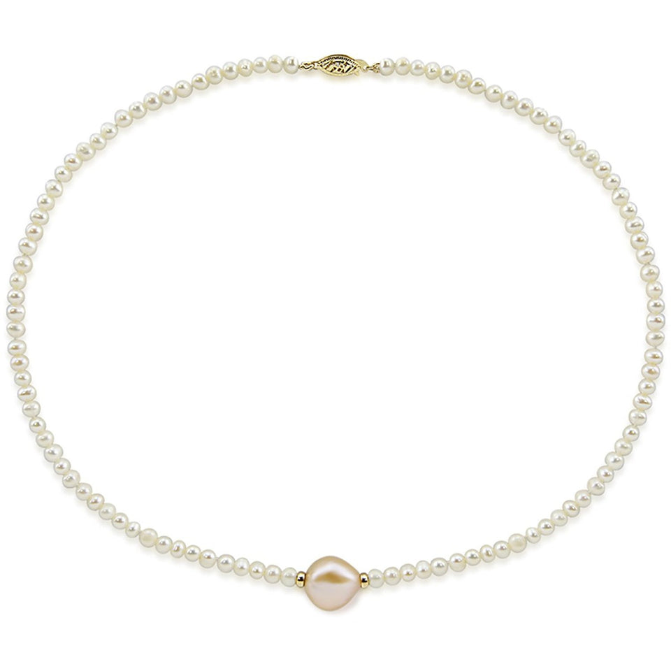 14K Yellow Gold 4–5mm and 12–13mm Pink and White Baroque Freshwater Cultured Pearl Necklace, 16"
