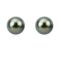 14K White Gold 9.0-10.0mm Elegant Dark Grey Tahitian Cultured Pearl Stud Earrings - AAA Quality