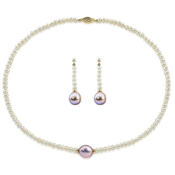 14k Yellow Gold 12-13mm Lavender, 4-5mm White Baroque Freshwater Cultured Pearl Necklace 18", earring set