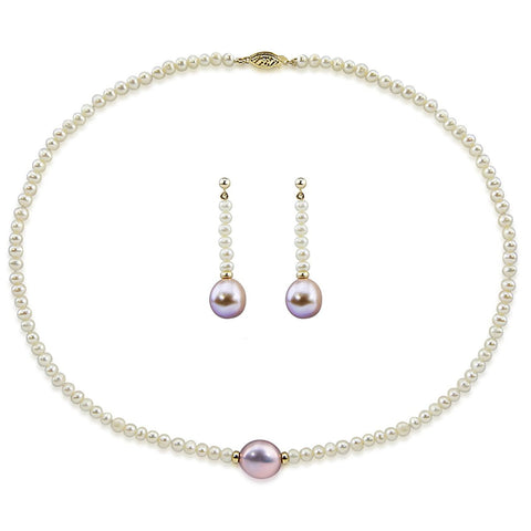 14k Yellow Gold 12-13mm Lavender, 4-5mm White Baroque Freshwater Cultured Pearl Necklace 18", earring set