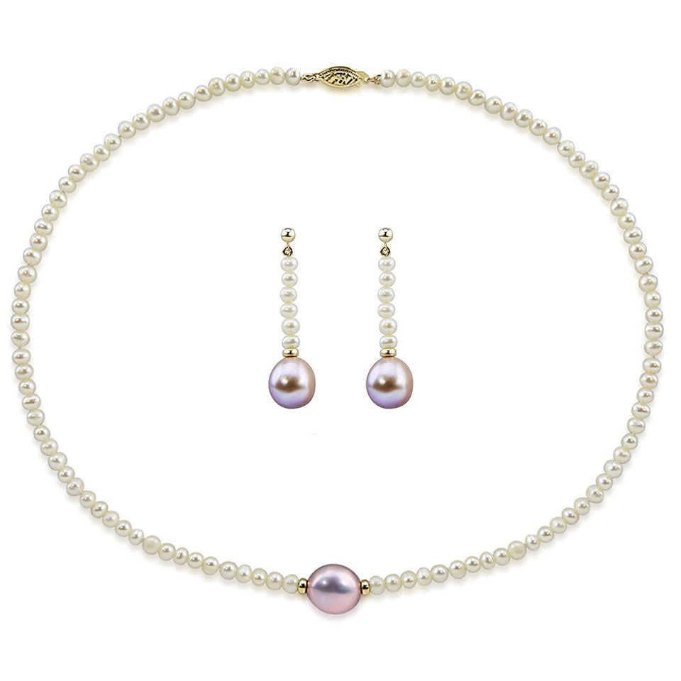 14K Gold Lavender & White Baroque Freshwater Pearl Set, 16"