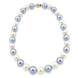 14K Yellow Gold 11-14mm Grey and White Freshwater Cultured Pearl Necklace 18 Inches