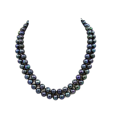 2-row Black A Grade Freshwater Cultured Pearl Necklace(9.0-10.0mm), 17", 18.5"