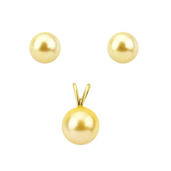 14K Yellow Gold 9-10mm Golden South Sea Cultured Pearl Stud Earrings and Pendant Sets - AAA Quality
