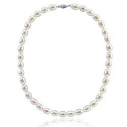 14K White Gold 8.0-9.0 mm Ultra Luster White Oval Freshwater Cultured Pearl necklace 18"