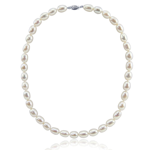 14K White Gold 8.0-9.0 mm Ultra Luster White Oval Freshwater Cultured Pearl necklace 18"