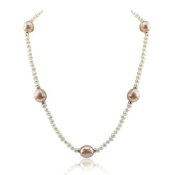14k Yellow Gold 11-13 mm and 4-5 mm Baroque Pink and White Freshwater Cultured Pearl Necklace, 16"
