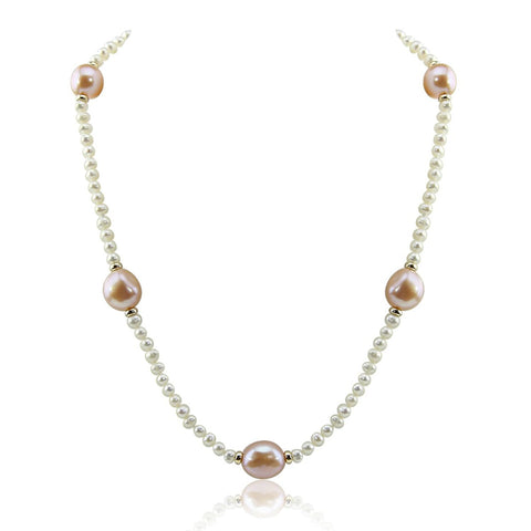 14k Yellow Gold 11-13 mm and 4-5 mm Baroque Pink and White Freshwater Cultured Pearl Necklace, 18"