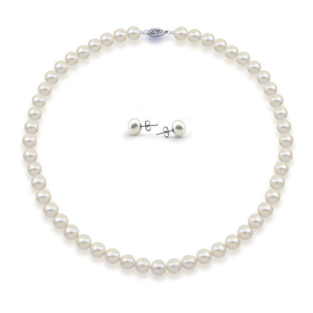 14K White Gold 7.5–8mm White Freshwater Cultured Pearl Necklace, 18", and Earring Set