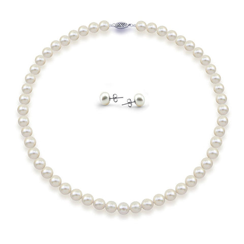 14K White Gold 7.5-8.0mm High Luster White Freshwater Cultured Pearl Necklace 18" and Earrings Set