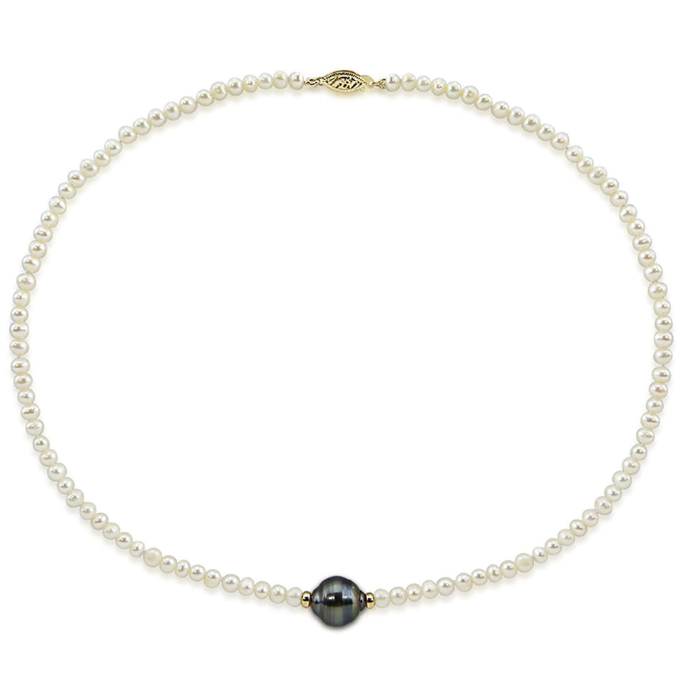 14K Yellow Gold 4–5mm White Freshwater and 11–12mm Tahitian Cultured Pearl Necklace, 16"