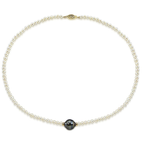 14k Yellow Gold 11-12mm Tahitian Cultured Pearl and 4-5mm White Freshwater Cultured Pearl Necklace,16"