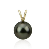 14K Yellow Gold 9.0-10.0mm AAA Round Black Tahitian Cultured Pearl Pendant, Lever Back Earring Sets-01