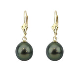 14K Yellow Gold 8.0-9.0mm Pear Black Tahitian Cultured Pearl Pendant and Lever Back Earring Sets-02