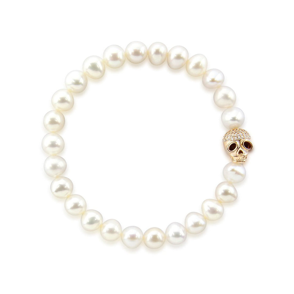 7–8mm White Freshwater Pearl Skull Bead Bracelet, 8"