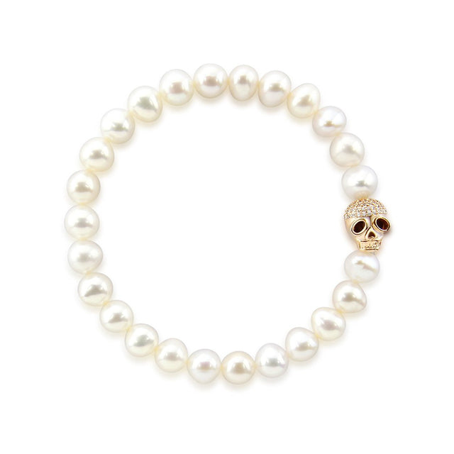 7–8mm White Freshwater Pearl Skull Bead Bracelet, 8"