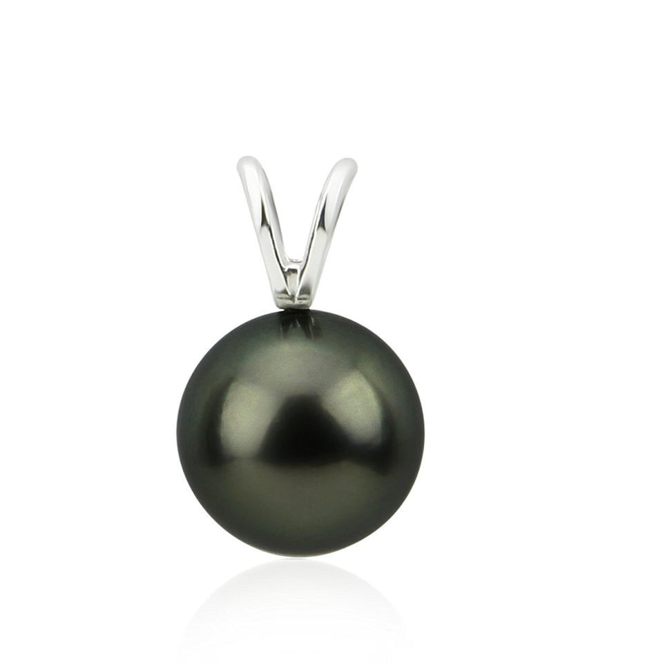 14K White Gold 9–10mm Round Black Tahitian Cultured Pearl Pendant