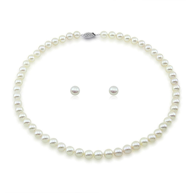 14K White Gold 7–7.5mm White Akoya Cultured Pearl Necklace, 18", with Stud Earring Set
