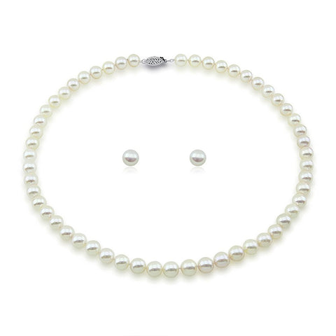 14k White Gold AAA 7.0-7.5mm White Akoya Cultured Pearl High Luster Necklace 18" with Stud Earring Set