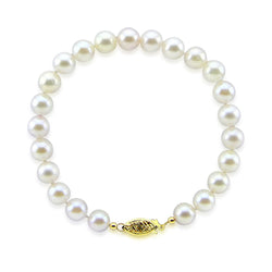 14K Yellow Gold 7.0-8.0mm White Freshwater Cultured Pearl Bracelet 8.5" Length - AAA Quality