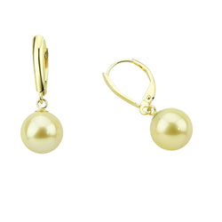 14k Yellow Gold 9.0-10.0mm Light Golden South Sea Cultured Pearl Lever-back Earrings- AAA Quality
