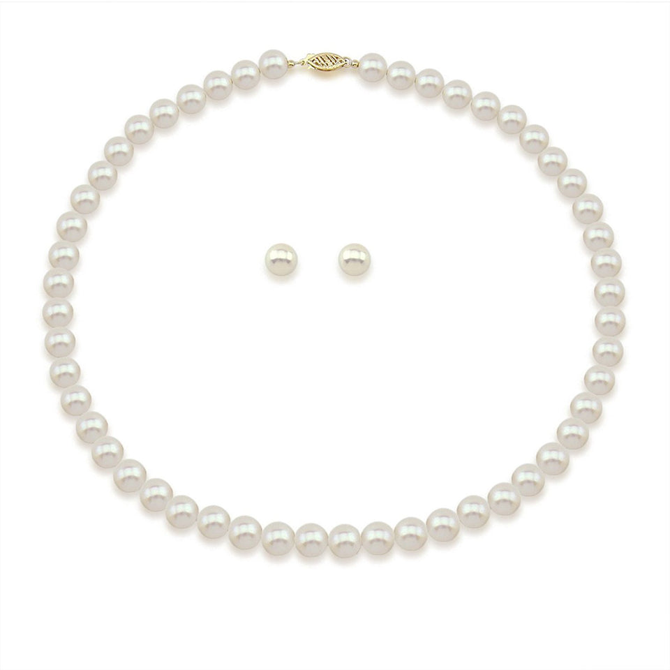 14K Yellow Gold 8–9mm White Freshwater Cultured Pearl Necklace, 18", and Earring Set