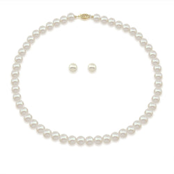 14K Yellow Gold 8.0-9.0mm White Freshwater Cultured Pearl Necklace 18" and Earrings Set