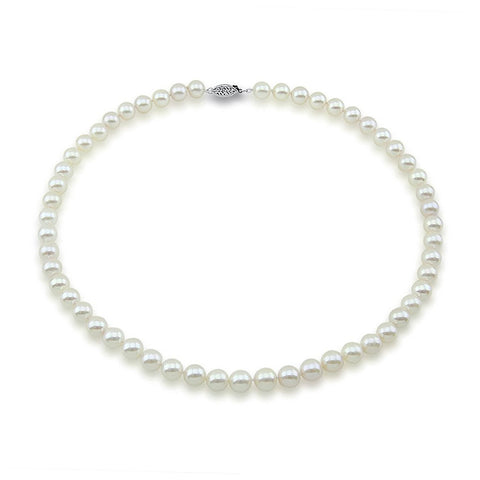 14k White Gold 7.5-8.0mm White Akoya Cultured Pearl High Luster Necklace 18", AAA Quality.