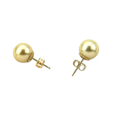 14K Yellow Gold 9-10mm Natural Golden South Sea Cultured Pearl Stud Earrings - AAA Quality